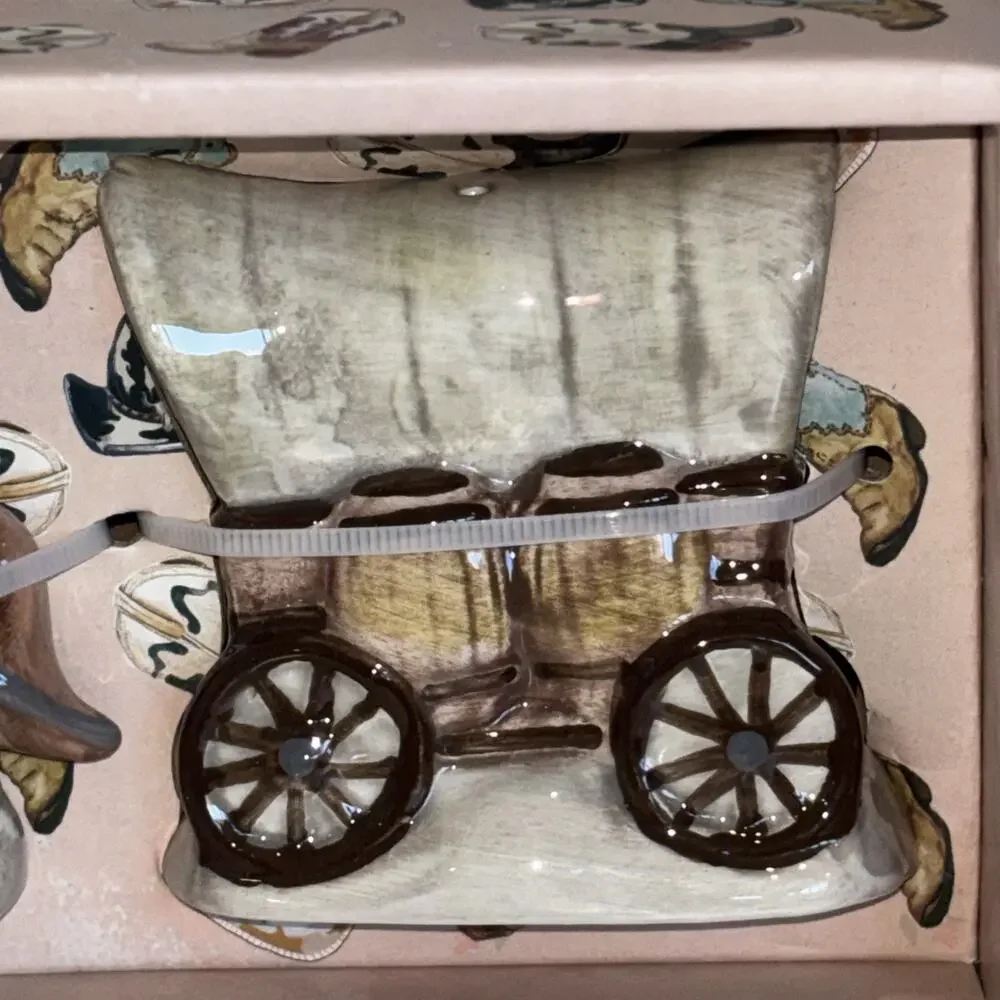 Blue Sky Clayworks Western Cowboy Horse Wagon Salt & Pepper Shakers NEW